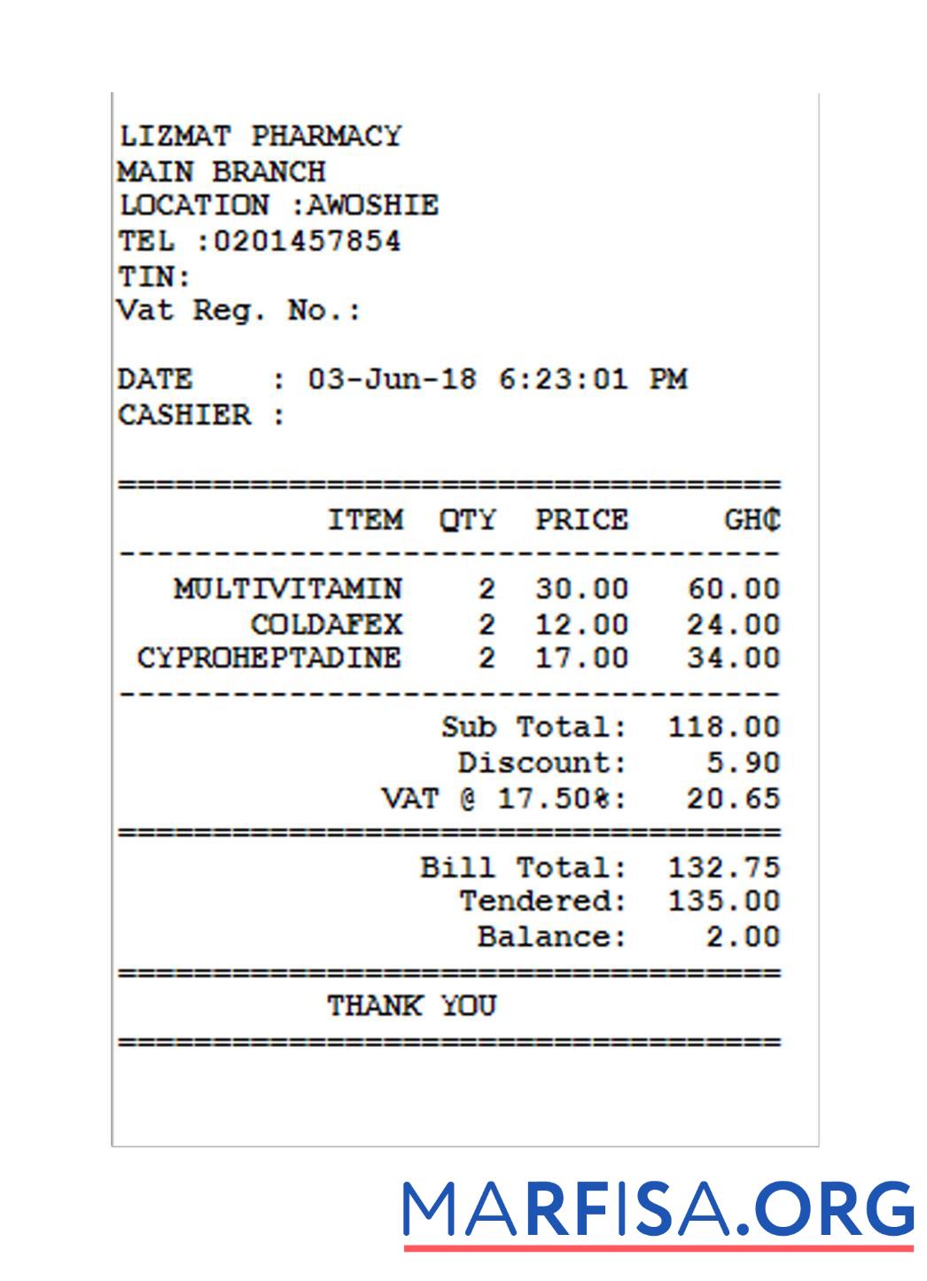 Downloadable LIZMAT PHARMACY receipt example